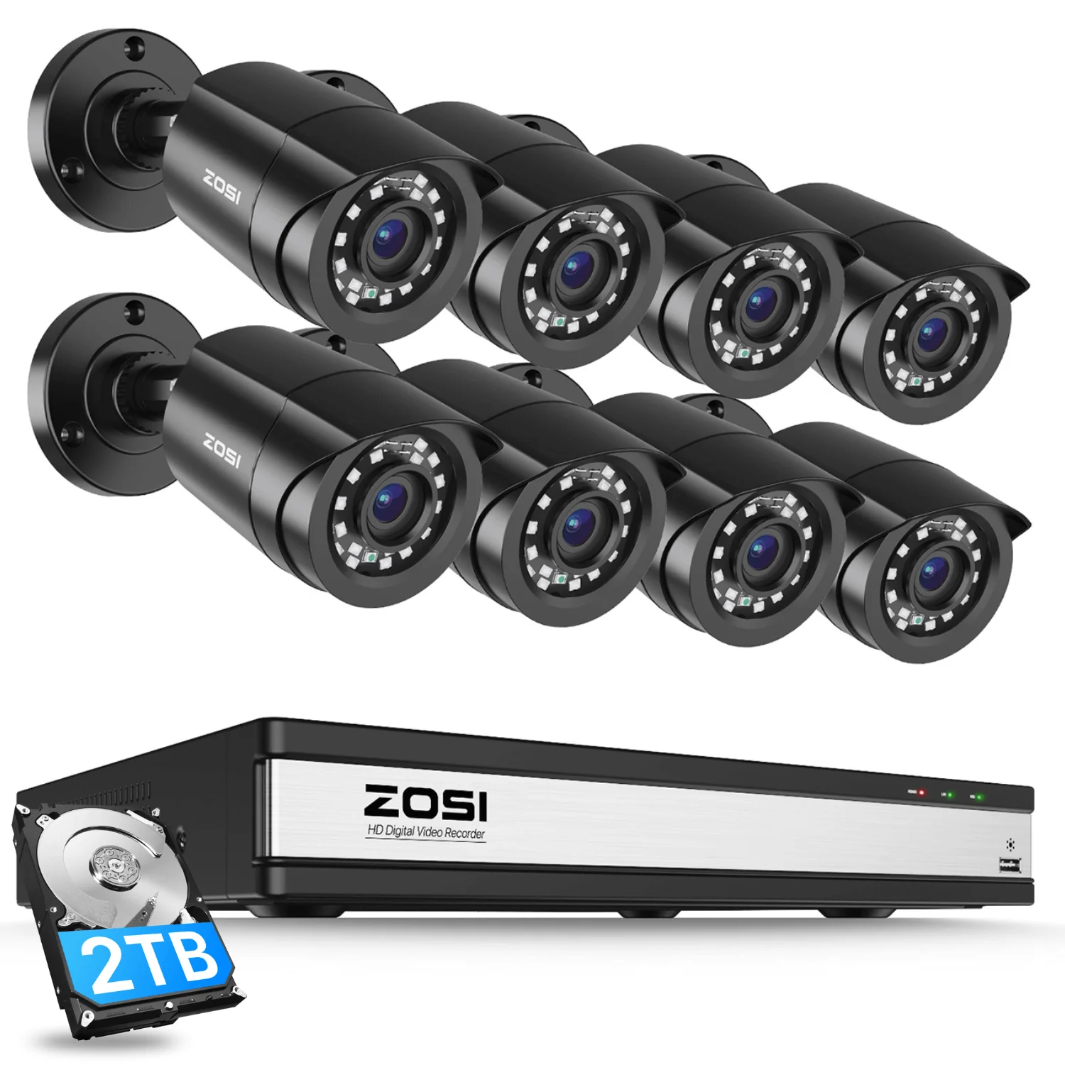 Zosi Official Store C106 1080P HD-TVI Security Camera System + 16 Channel DVR with 2TB/4TB Hard Drive, 2TB / 8 / Black