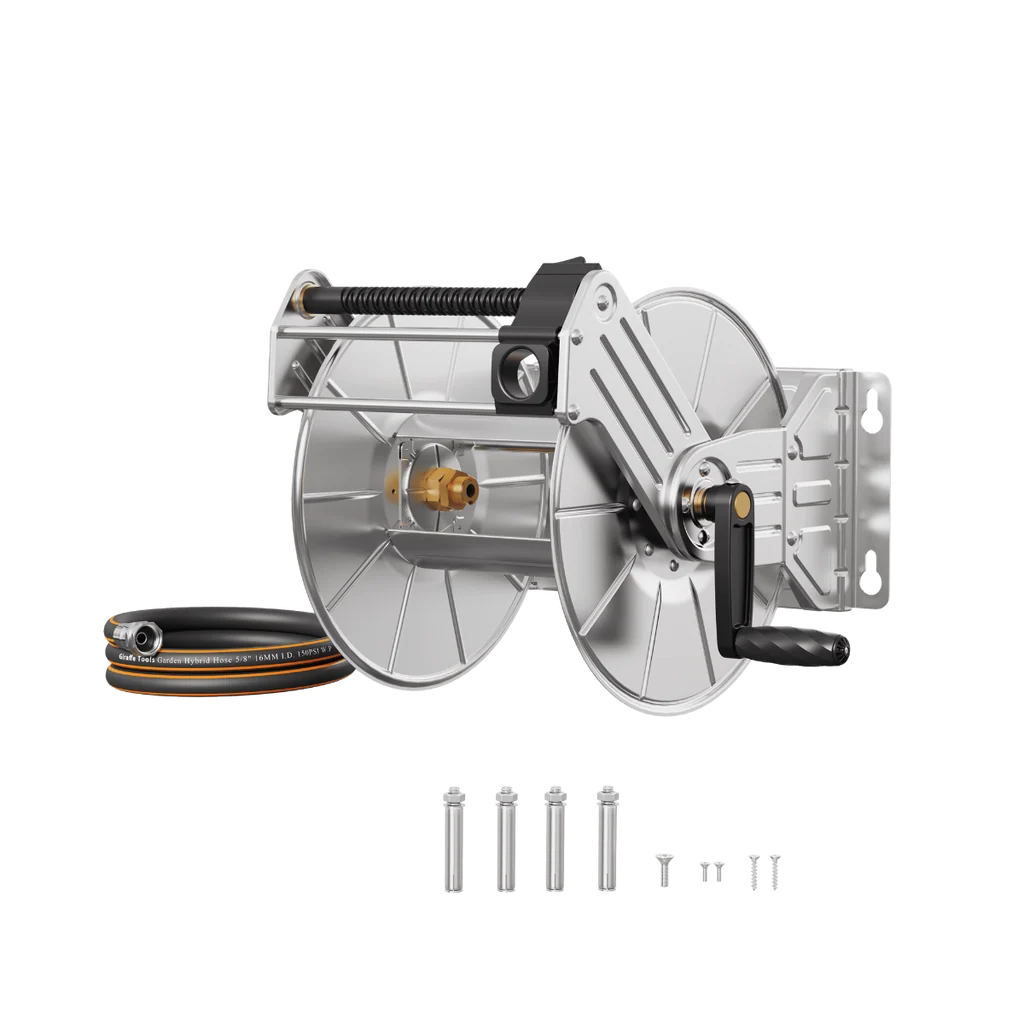 Giraffe Tools Stainless Steel Hose Reel - 5/8" x 130ft with hose