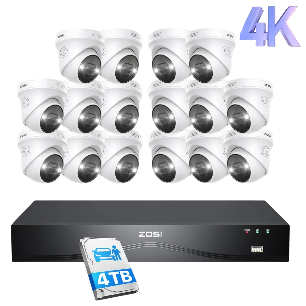 ZOSI UK Store C225 4K 16 Channel PoE Security Camera System + Optional 2-Bay PoE NVR + 4TB Hard Drive, 16 / Black(Support up to 16TB)