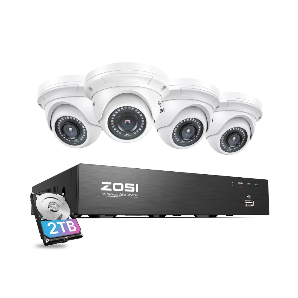 ZOSI UK Store C429 5MP CCTV Security Camera System + 4K 8CH PoE NVR, 4 / Includes 2TB hard drive