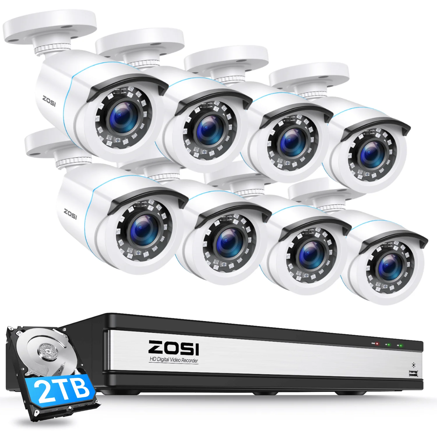 Zosi Official Store C106 1080P HD-TVI Security Camera System + 16 Channel DVR with 2TB/4TB Hard Drive, 2TB / 8 / White