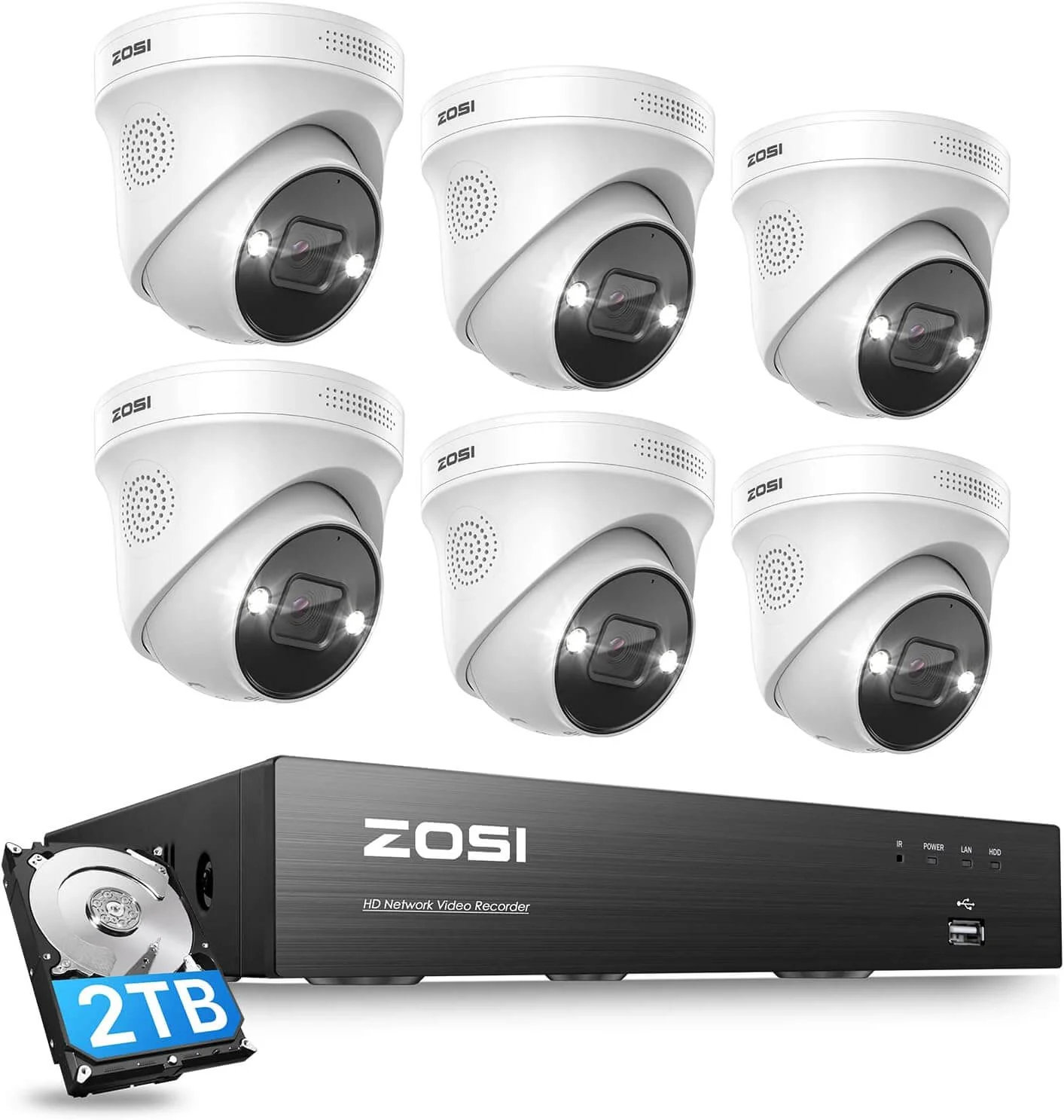 Zosi Official Store C225 5MP PoE Security Camera System + 4K 8CH PoE NVR with 2TB HDD, 2TB HDD / 6