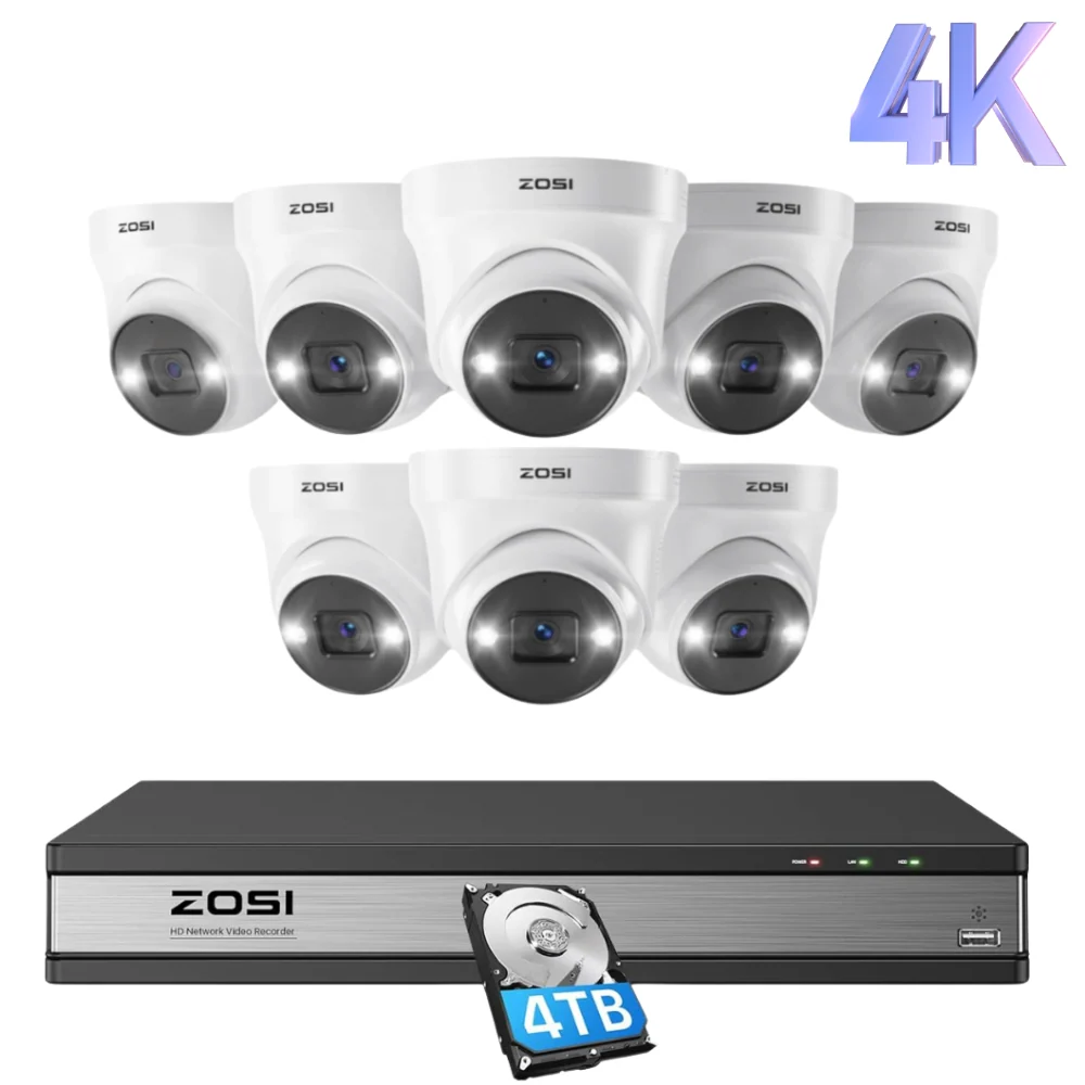 ZOSI UK Store C225 4K 16 Channel PoE Security Camera System + Optional 2-Bay PoE NVR + 4TB Hard Drive, 8 / Silver(Support up to 8TB)